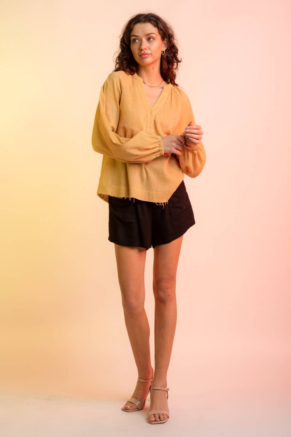 Woven Gauze V Neck Blouse: Mustard