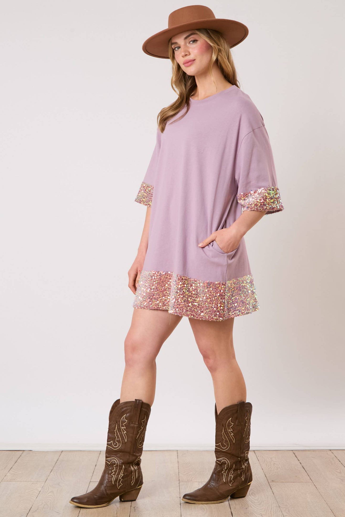 Sequins Band Tee Dress - LAVENDER