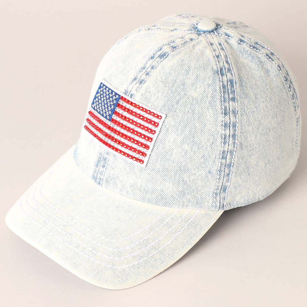 Rhinestone US Flag Patch Denim Baseball Cap: ONE SIZE / LT BLUE