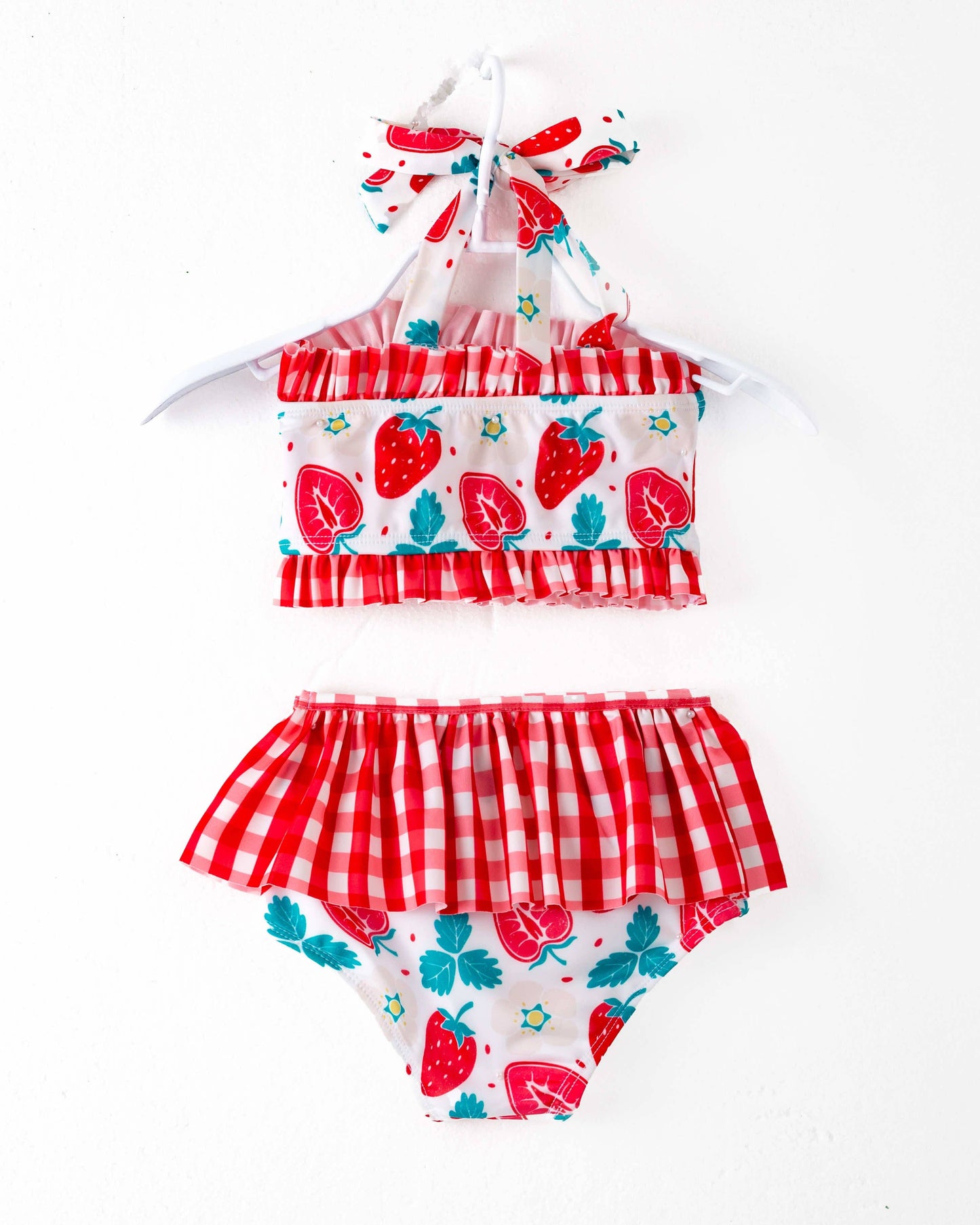 Red Plaid Strawberry Ruffle Girl Swimsuit