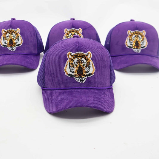 Purple Corduroy Tiger Sequin Hat