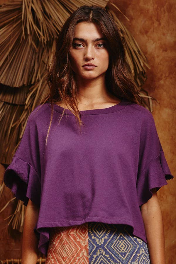 Ruffled Sleeves Crop Top: PURPLE