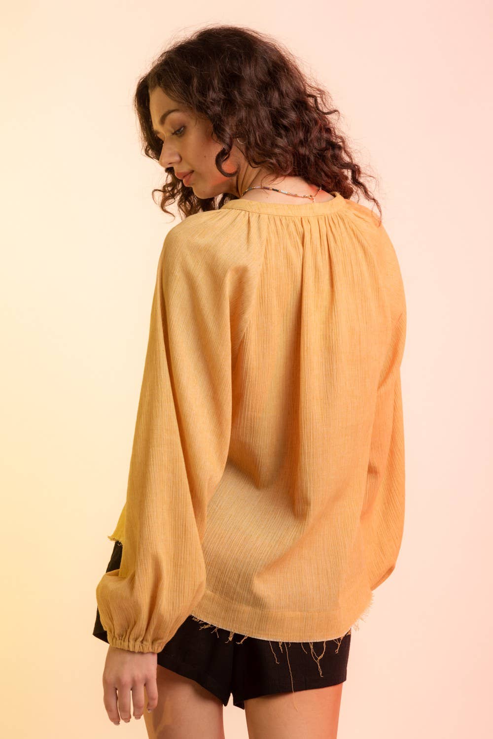 Woven Gauze V Neck Blouse: Mustard