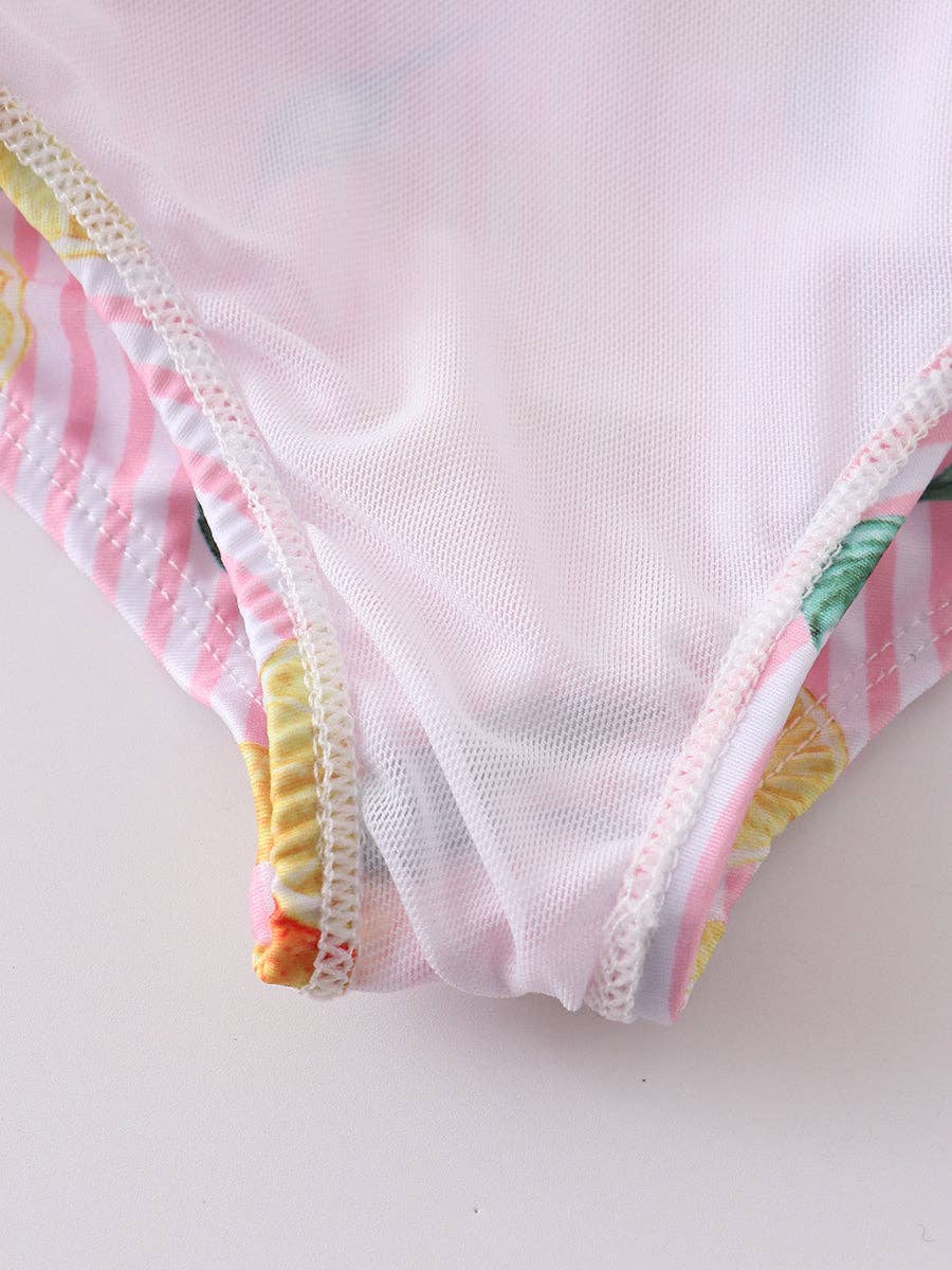 Pink Stripe Lemon Ruffle Girl Swimsuit Set: 12M