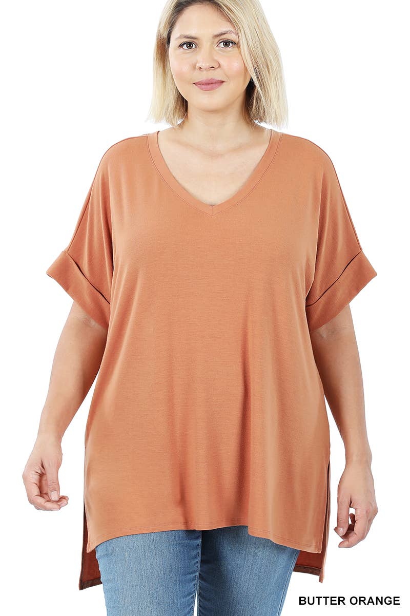 Rolled Short V Neck With Side Slit: BUTTERORANGE