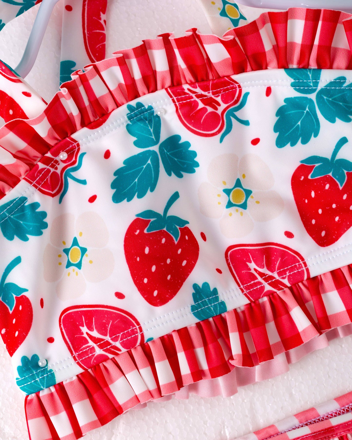 Red Plaid Strawberry Ruffle Girl Swimsuit