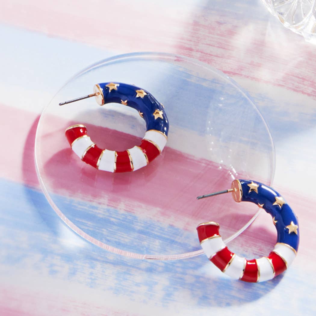 American Flag Enamel Hoop Post Earring