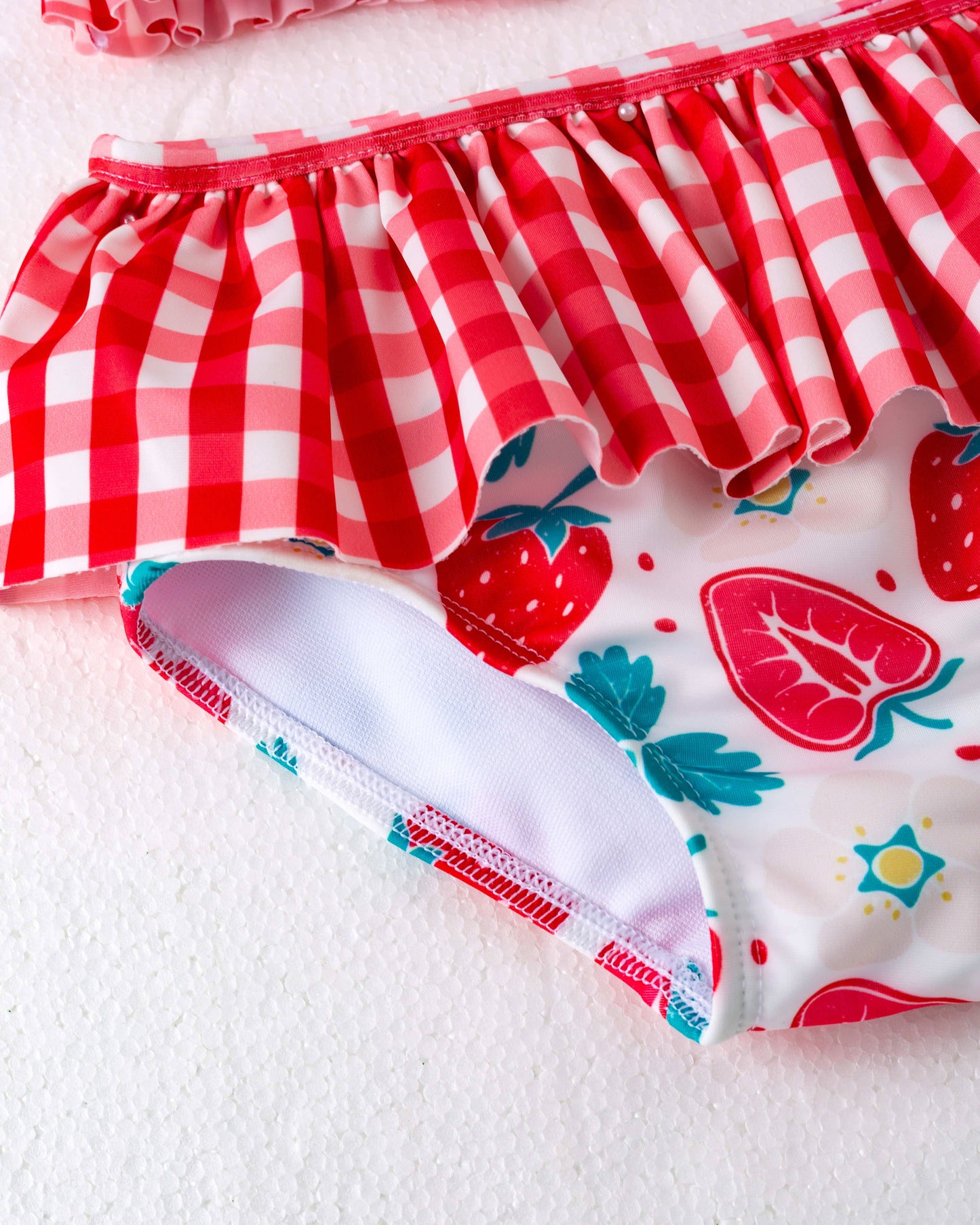 Red Plaid Strawberry Ruffle Girl Swimsuit