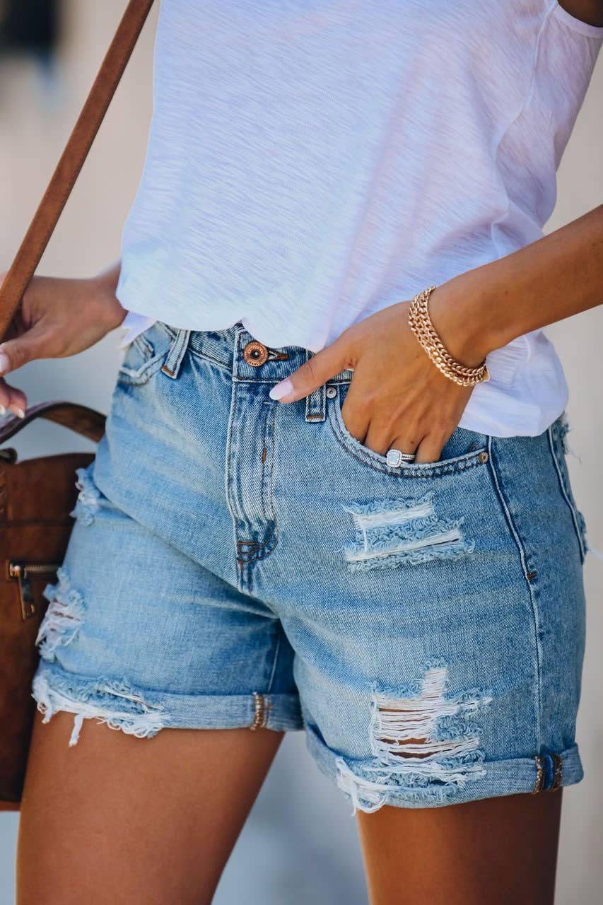 Vintage Wash High Rise Cuffed Denim Shorts