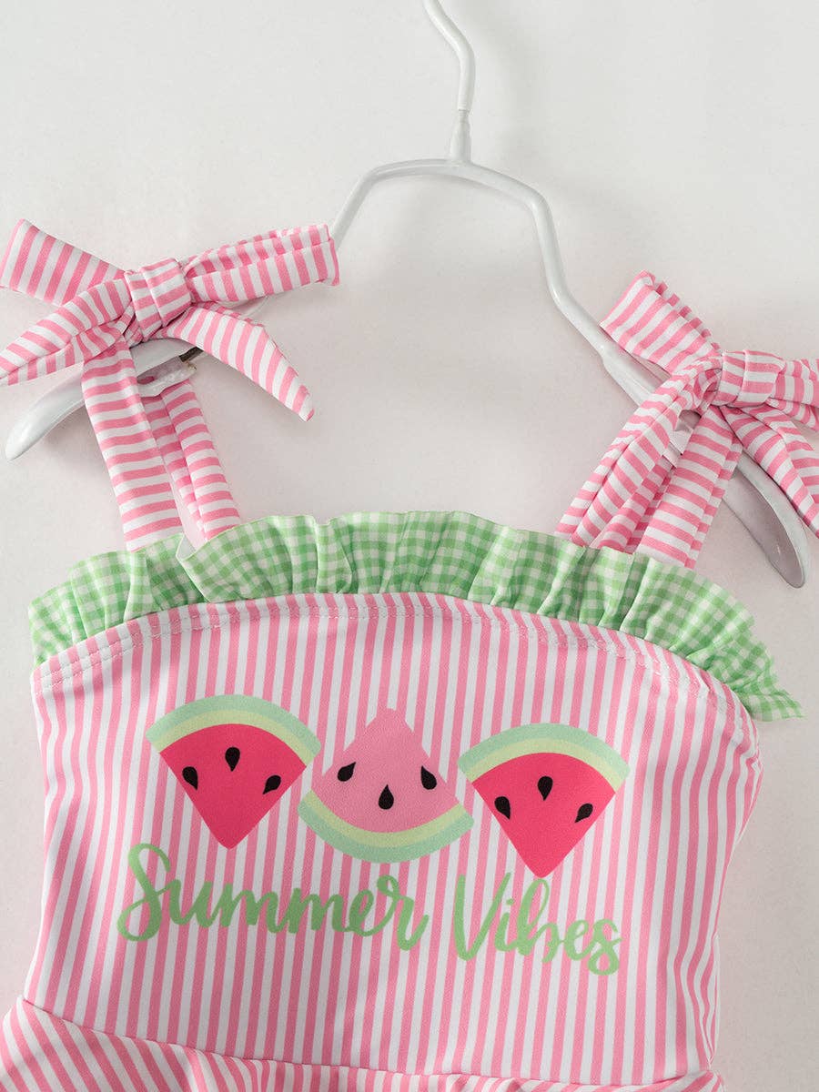 Pink Stripe Watermelon Ruffle Girl One Piece Swimsuit