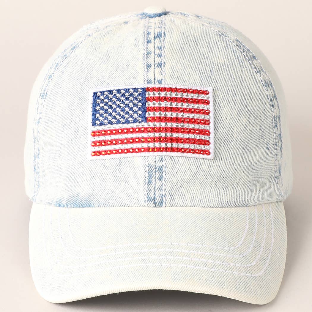 Rhinestone US Flag Patch Denim Baseball Cap: ONE SIZE / LT BLUE