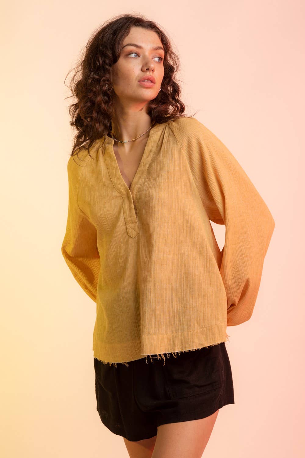 Woven Gauze V Neck Blouse: Mustard