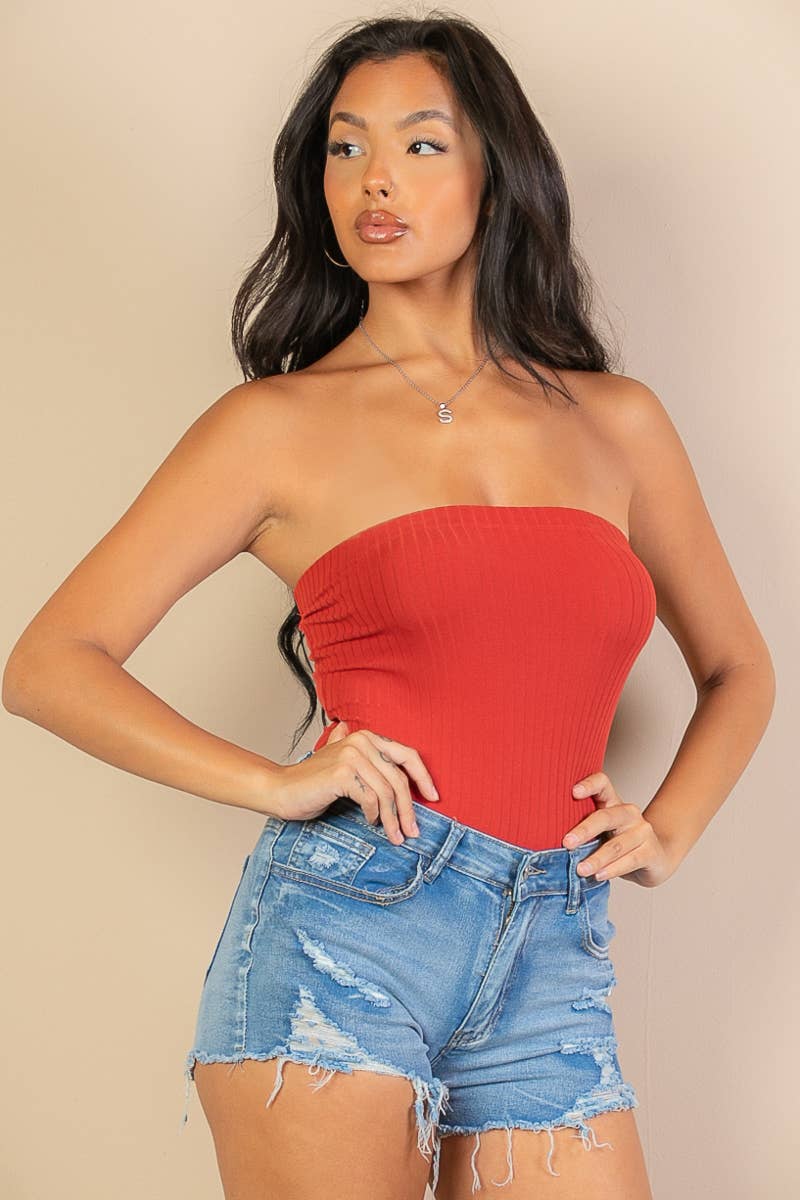 Tube Top Ribbed Bodysuit: Red