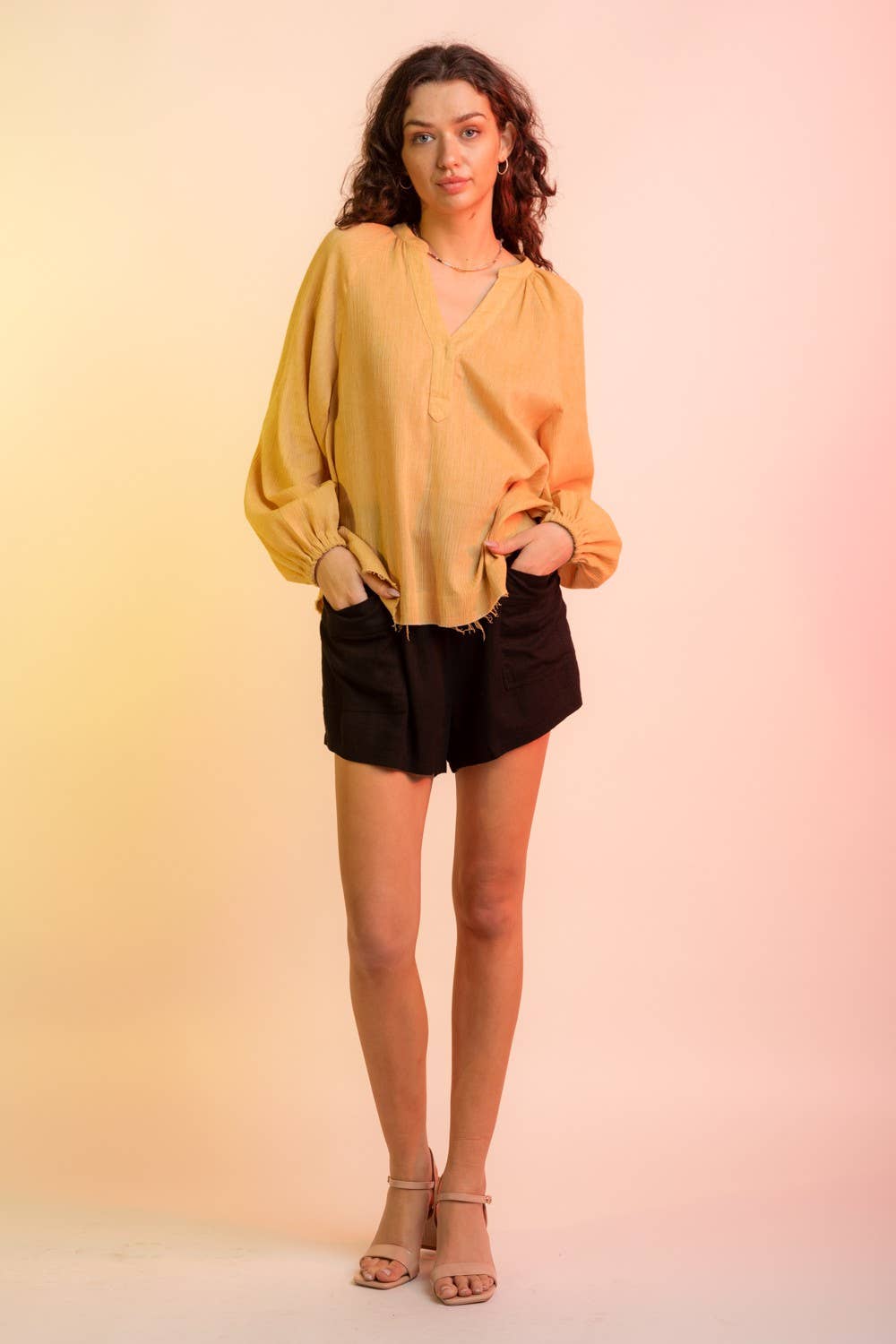 Woven Gauze V Neck Blouse: Mustard