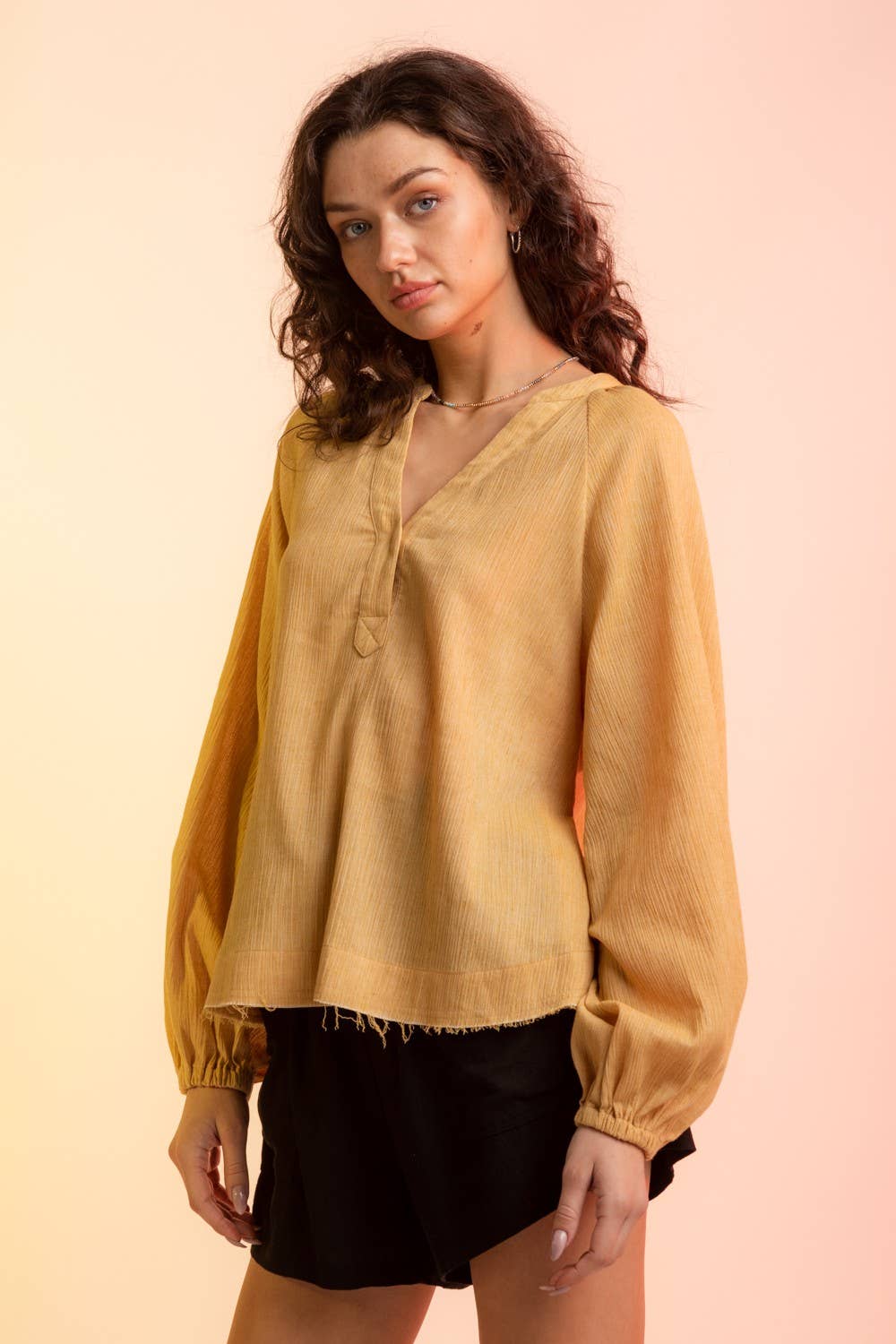 Woven Gauze V Neck Blouse: Mustard