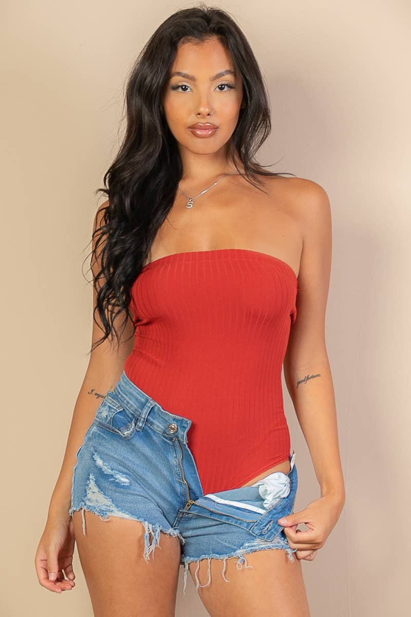 Tube Top Ribbed Bodysuit: Red