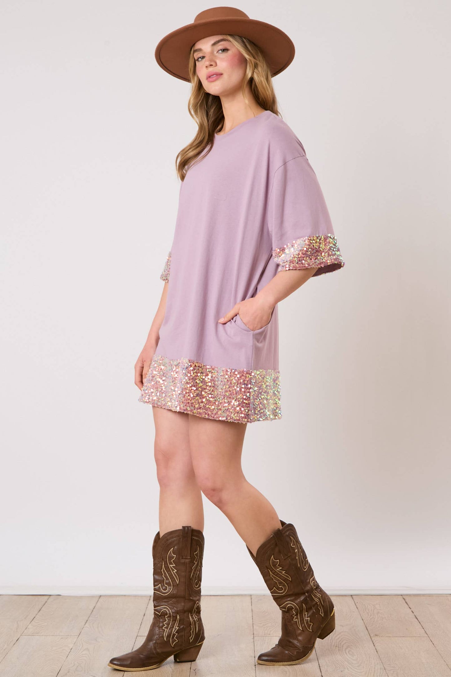 Sequins Band Tee Dress - LAVENDER