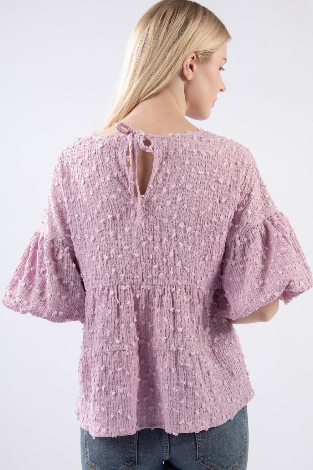 Crinkle Pom Pom Knit Puff Sleeve Top LAVENDER