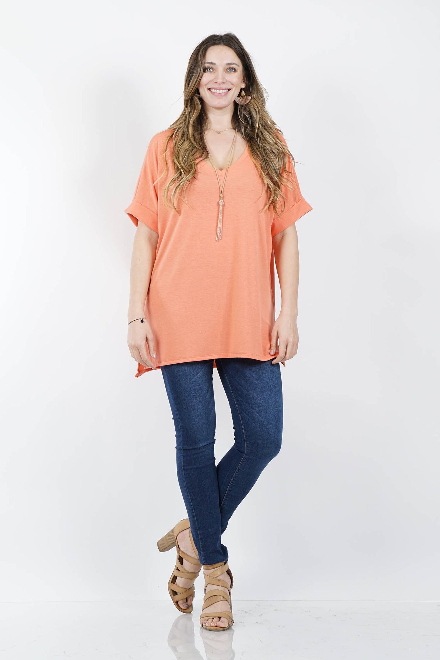 Rolled Short V Neck With Side Slit: BUTTERORANGE