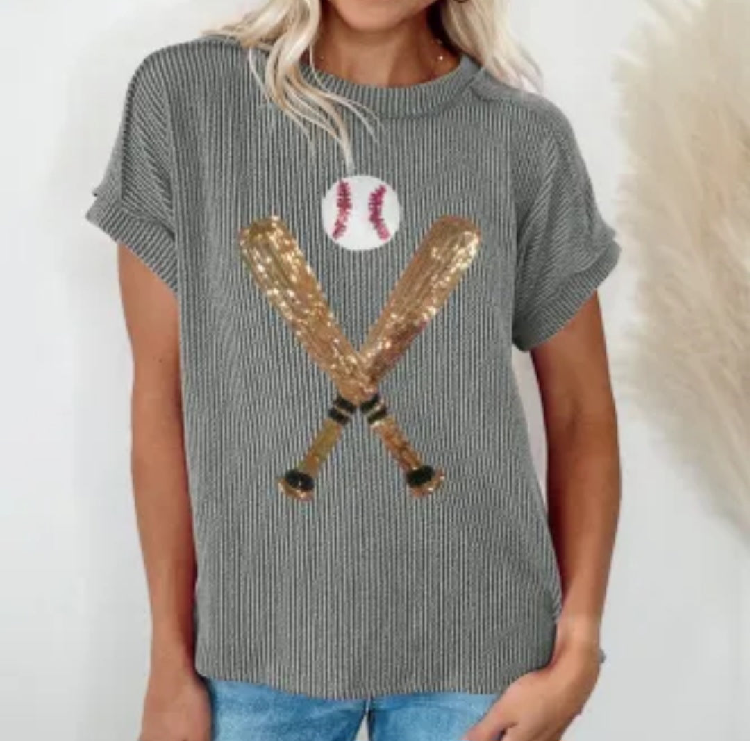 Grey Corded Sequin Baseball and Bat Shirt