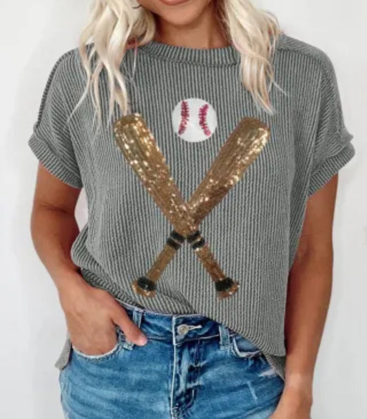 Grey Corded Sequin Baseball and Bat Shirt