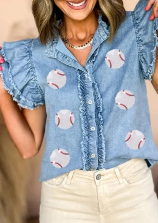 Denim Flutter Sleeve Sequin Baseball Top