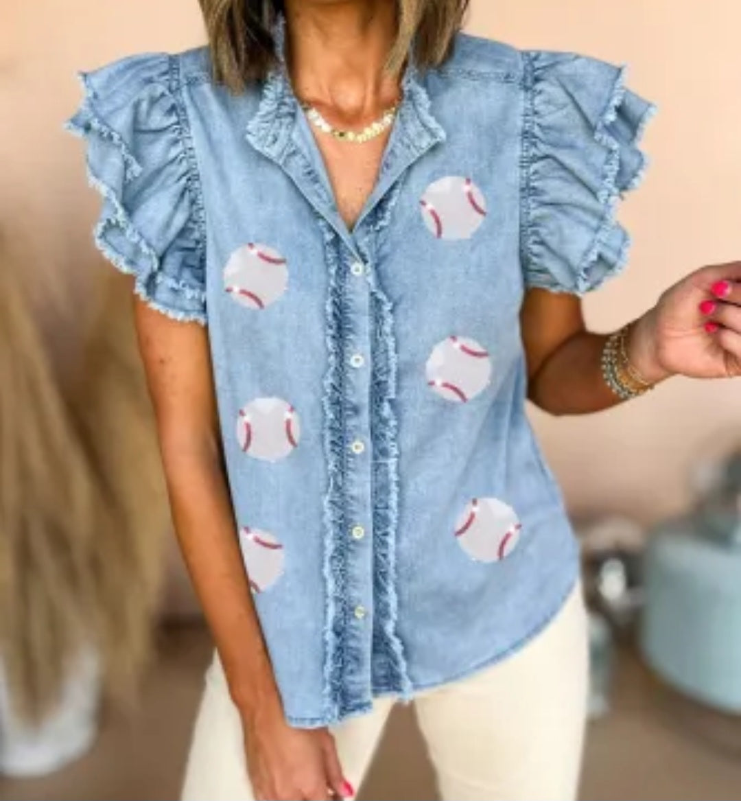 Denim Flutter Sleeve Sequin Baseball Top