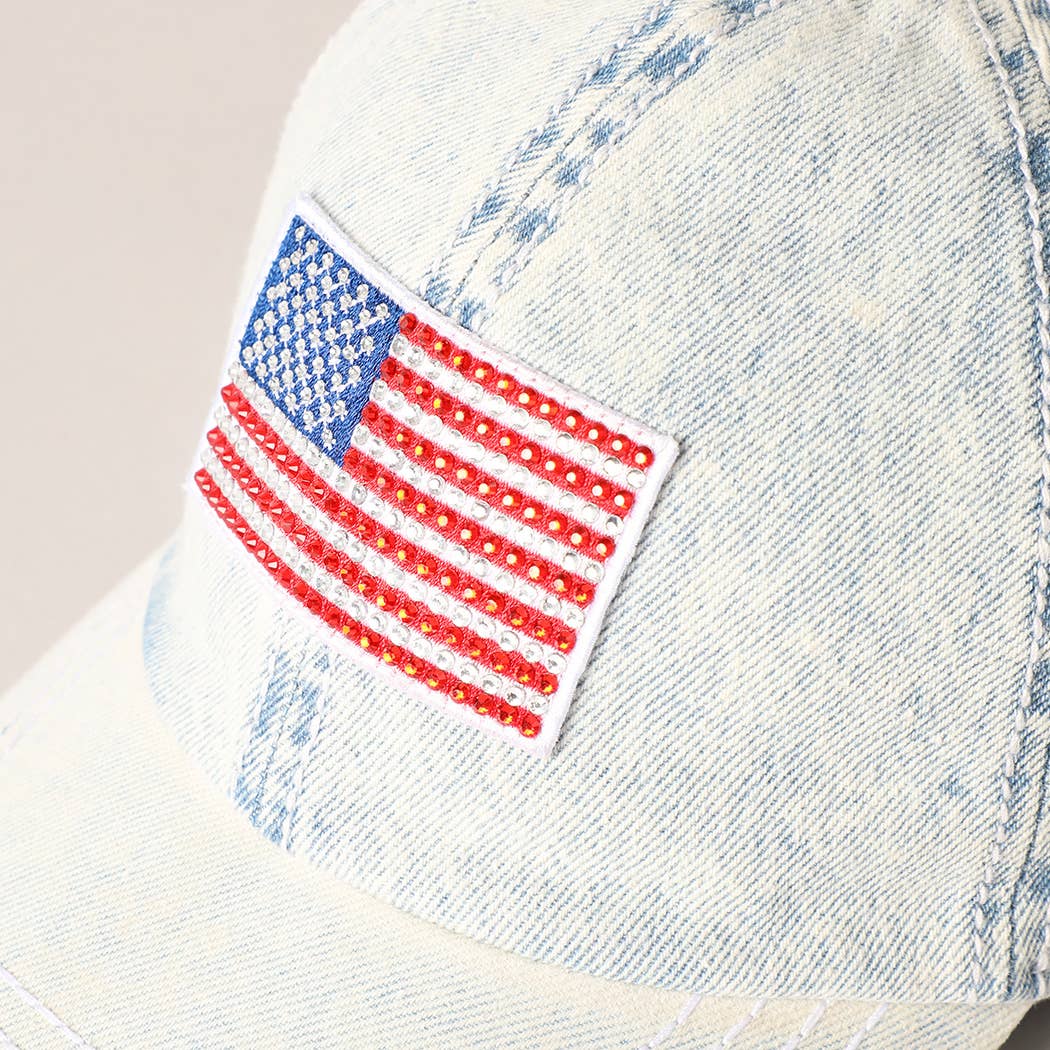 Rhinestone US Flag Patch Denim Baseball Cap: ONE SIZE / LT BLUE