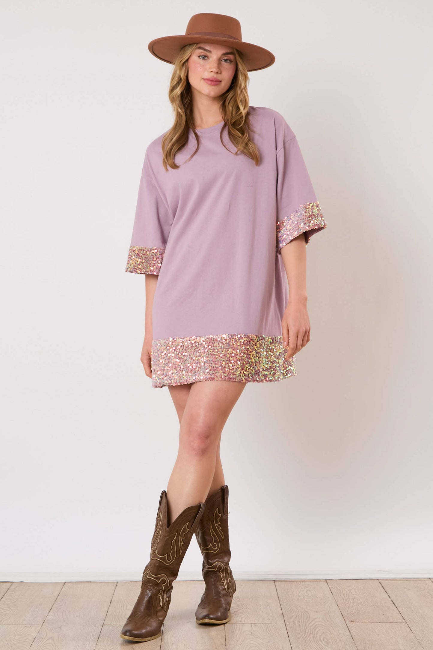 Sequins Band Tee Dress - LAVENDER