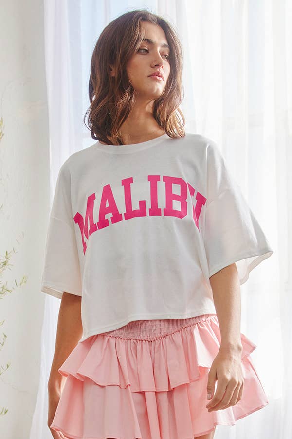 'MALIBU' Graphic Top: IVORY/HOT PINK