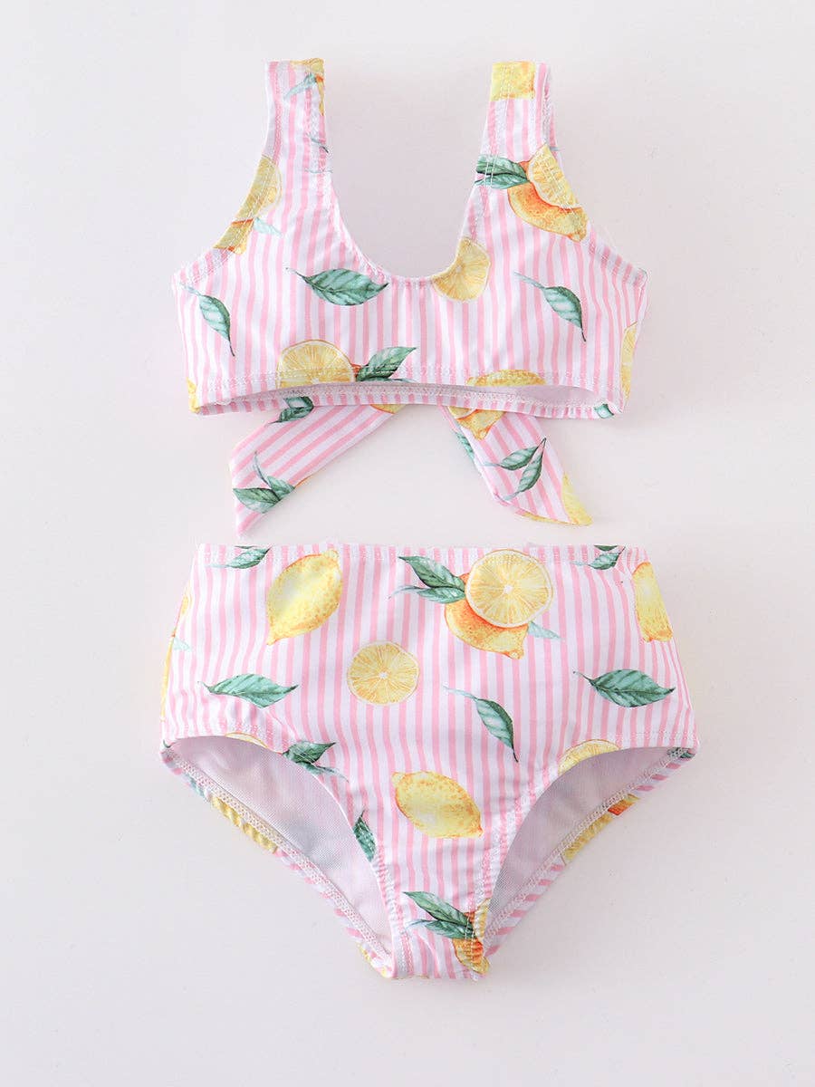 Pink Stripe Lemon Ruffle Girl Swimsuit Set: 12M