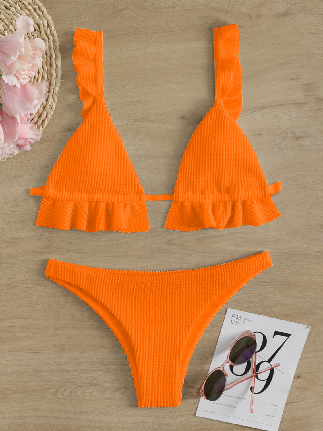 Ruffled Textured Wide Strap Two-Piece Bikini Top