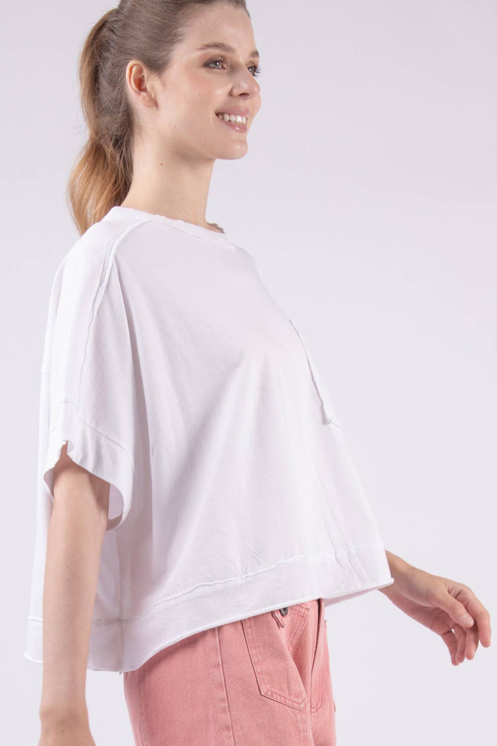 Oversized Washed Crop Knit Top: White