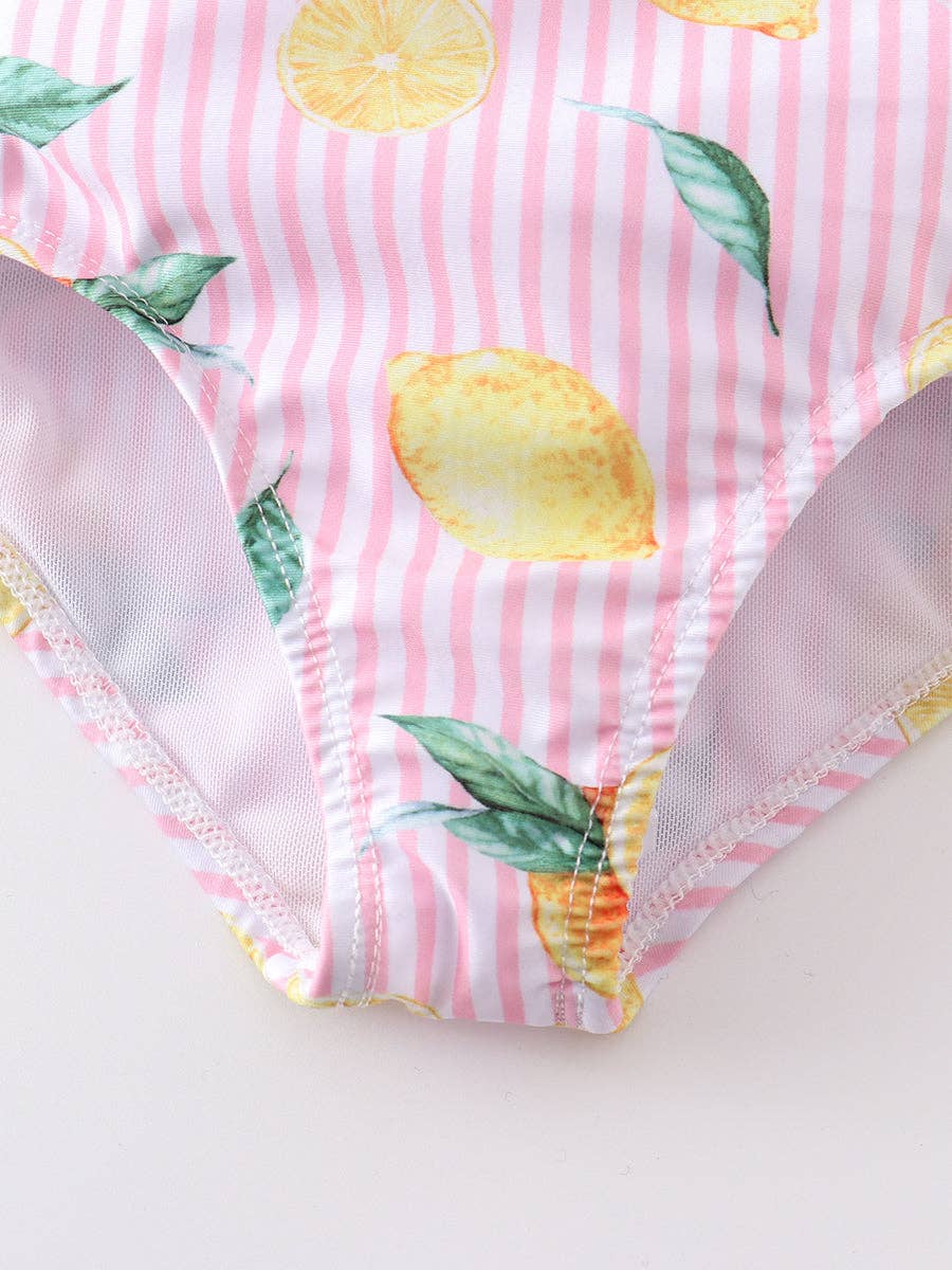 Pink Stripe Lemon Ruffle Girl Swimsuit Set: 12M