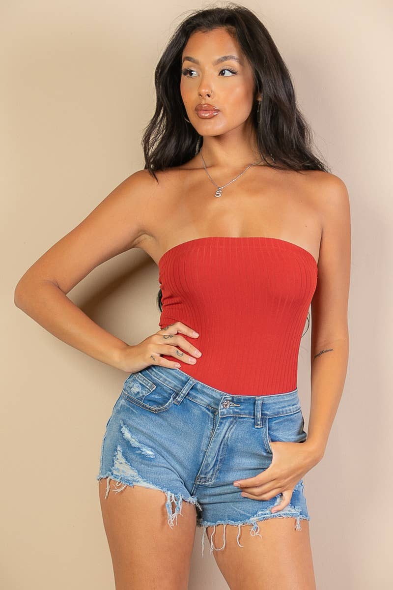 Tube Top Ribbed Bodysuit: Red