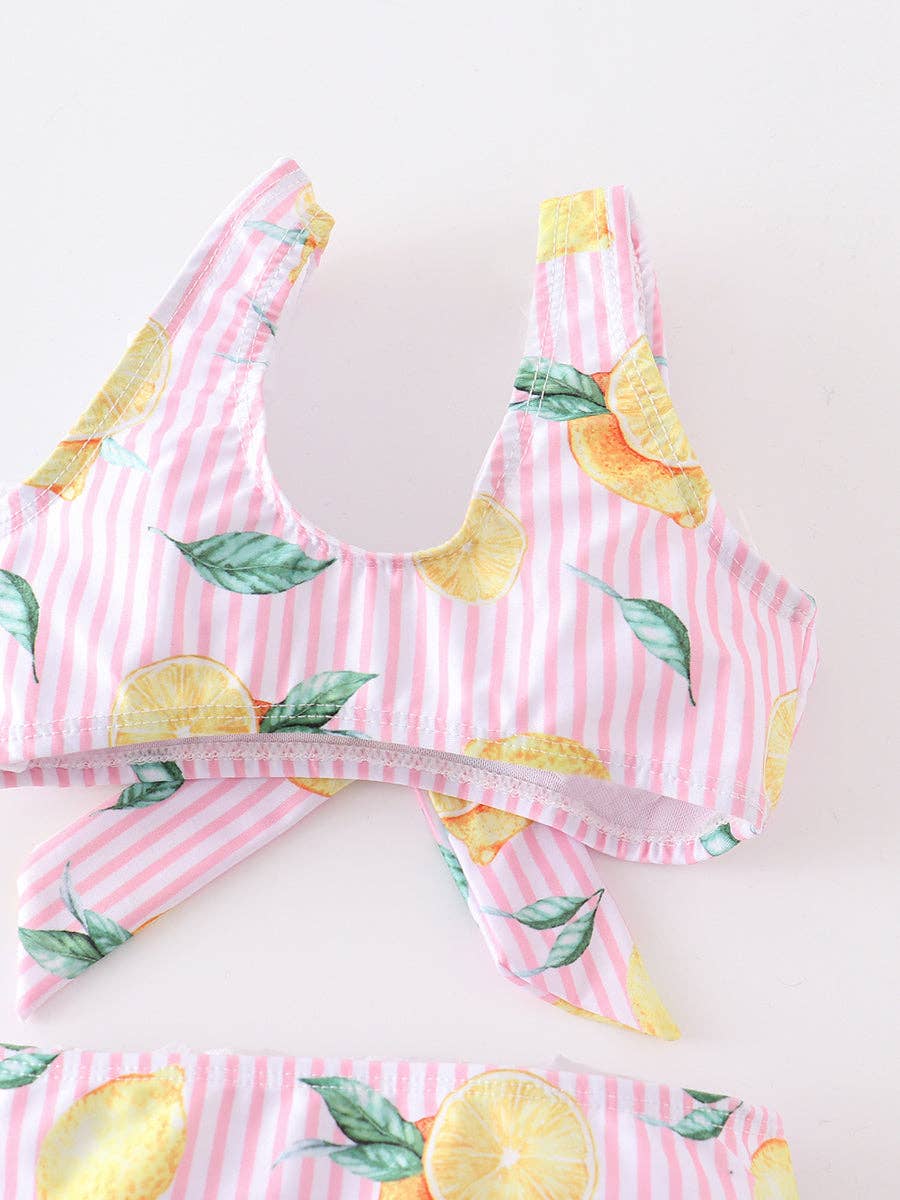 Pink Stripe Lemon Ruffle Girl Swimsuit Set: 12M