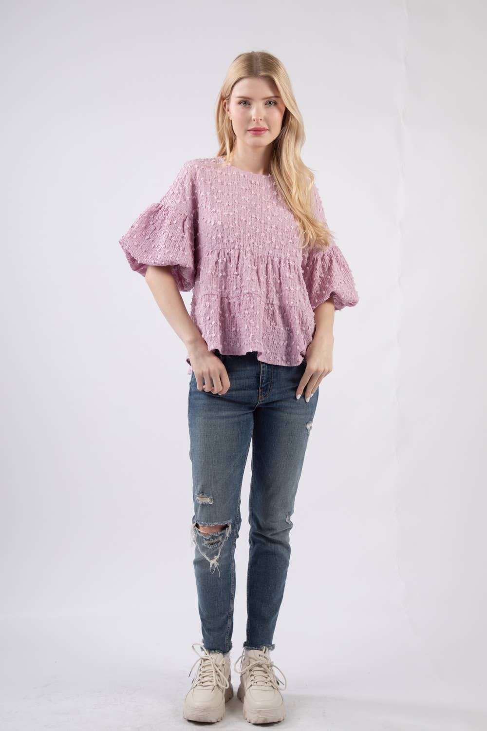 Crinkle Pom Pom Knit Puff Sleeve Top LAVENDER