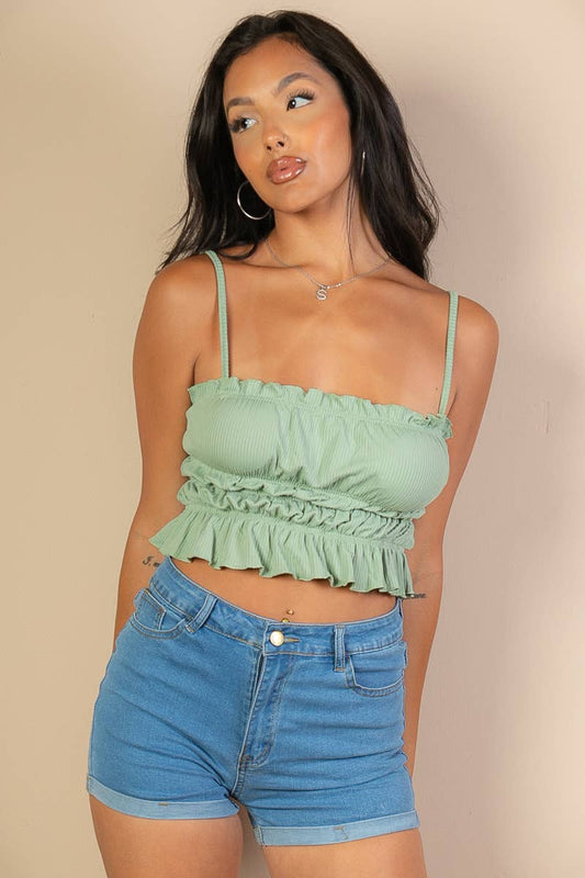 Tiered Shirred Body Crop Top: Green Bay