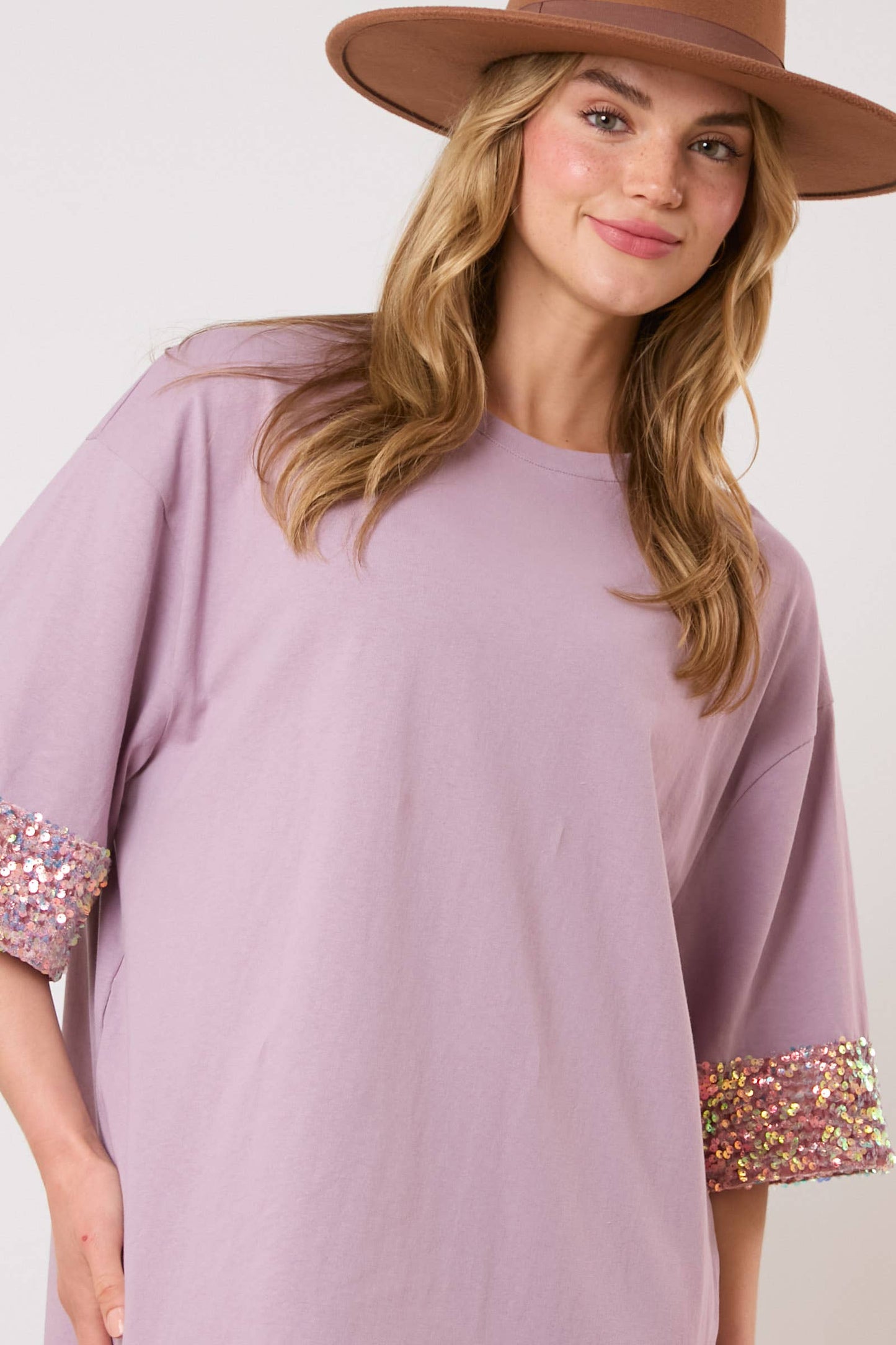 Sequins Band Tee Dress - LAVENDER