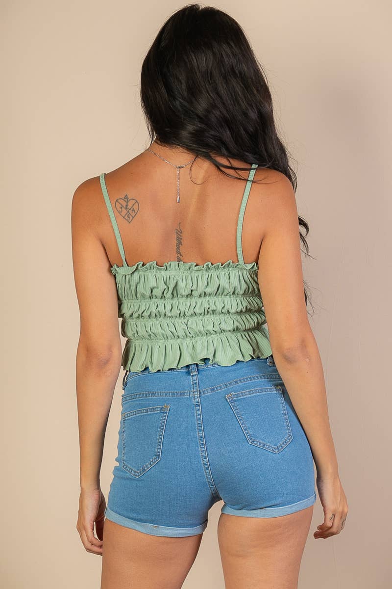 Tiered Shirred Body Crop Top: Green Bay