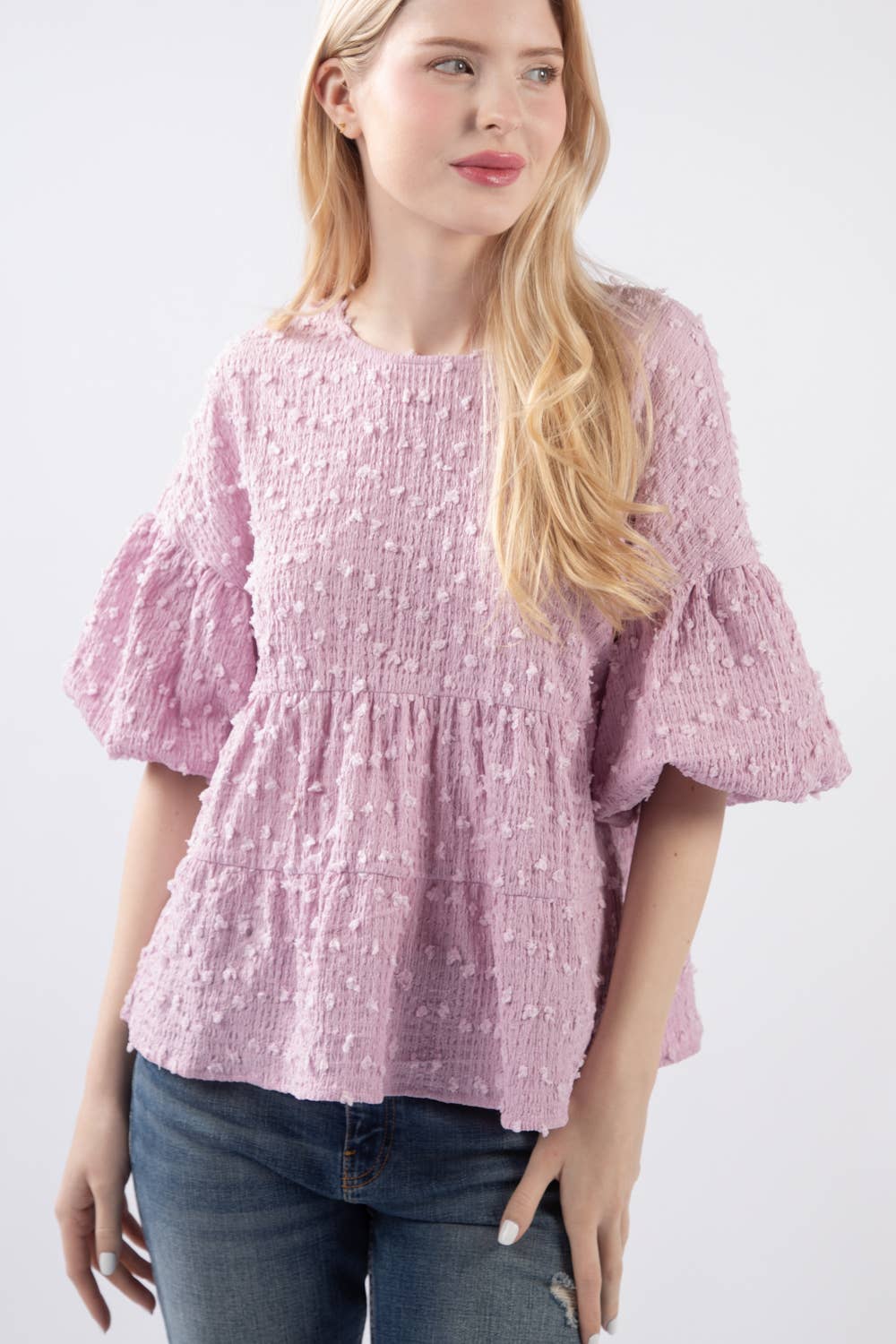 Crinkle Pom Pom Knit Puff Sleeve Top LAVENDER