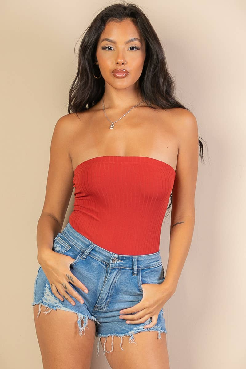 Tube Top Ribbed Bodysuit: Red