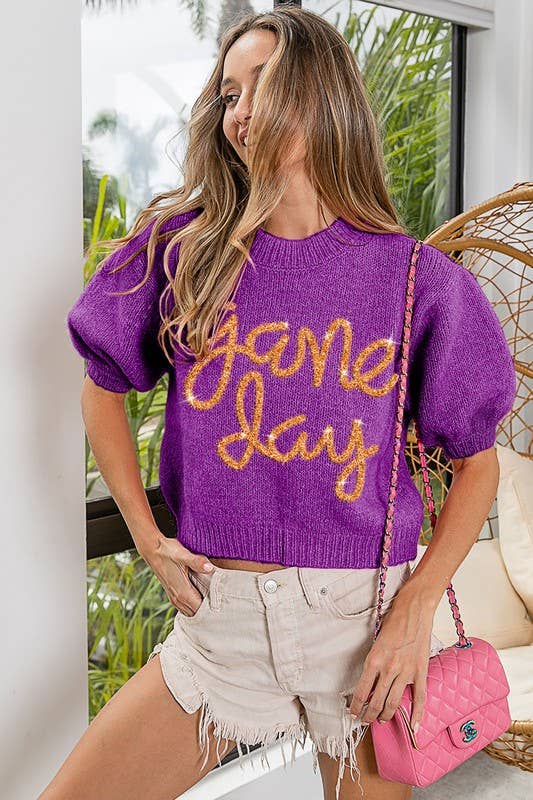 Tinsel Game-Day Puff Sleeve Sweater: PURPLE/GOLD