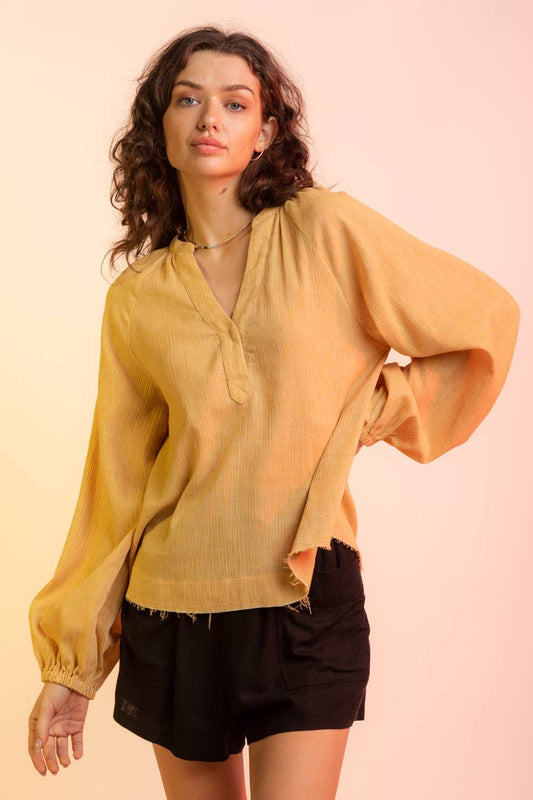 Woven Gauze V Neck Blouse: Mustard