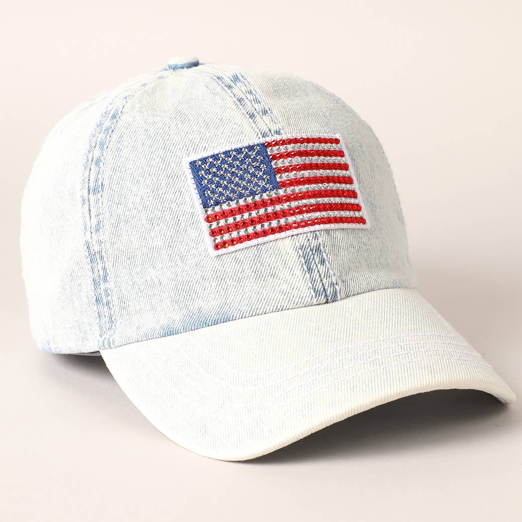 Rhinestone US Flag Patch Denim Baseball Cap: ONE SIZE / LT BLUE