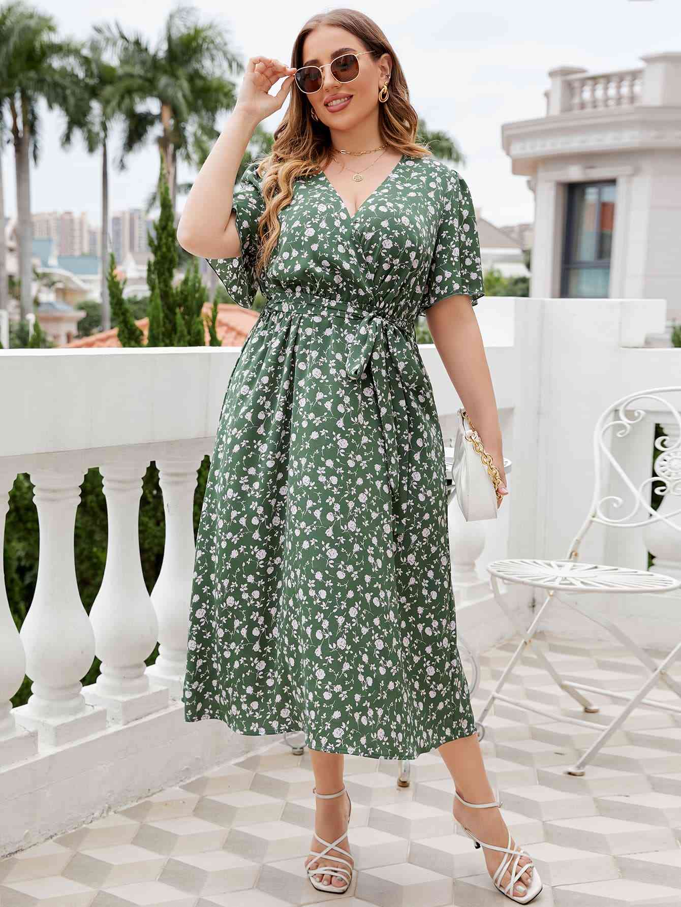 Plus Size Floral Surplice Tie Waist Dress