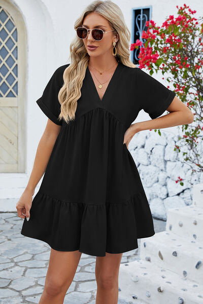 V-Neck Short Sleeve Mini Dress