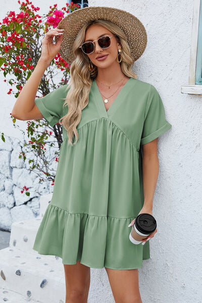 V-Neck Short Sleeve Mini Dress