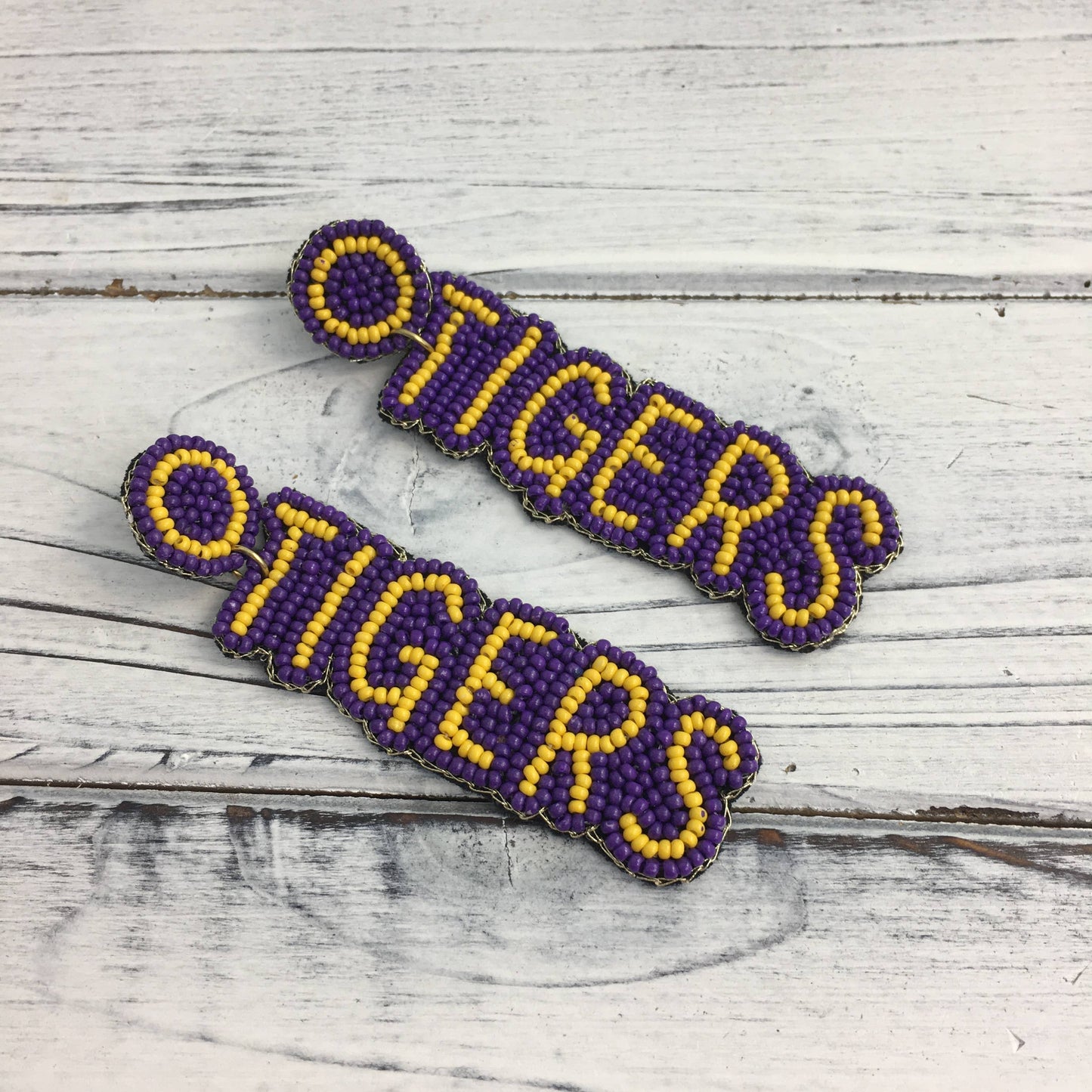 Beaded tigers purple and gold earrings