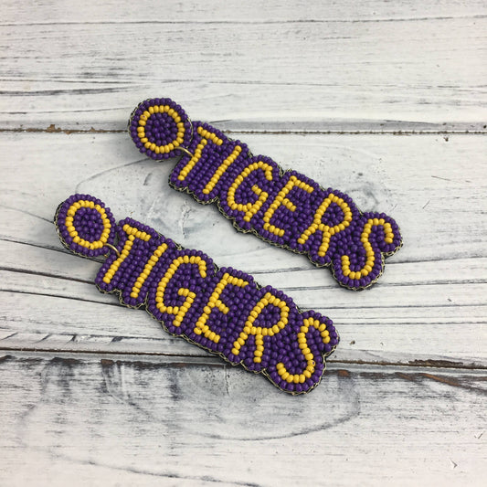 Beaded tigers purple and gold earrings